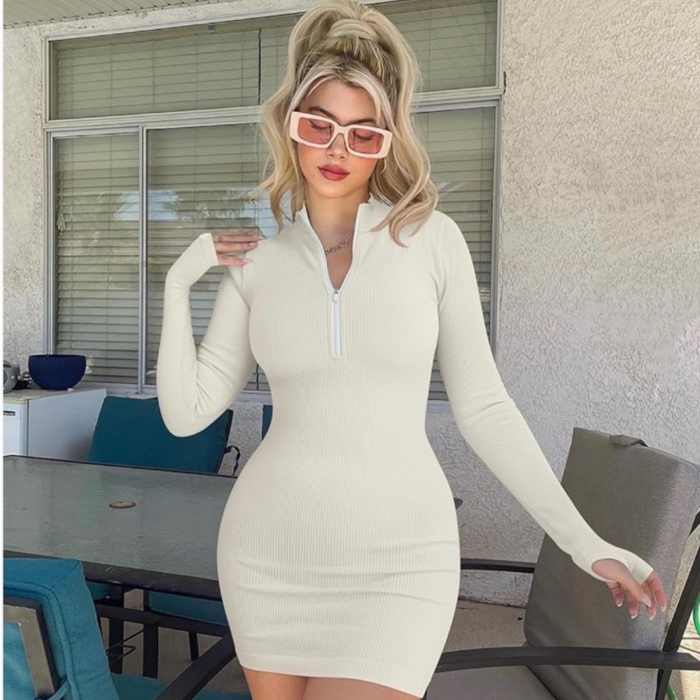 Set of 2: Sex Ribbed Zip Front Long Sleeve Top Mini Dresses. - Picture 3 of 8